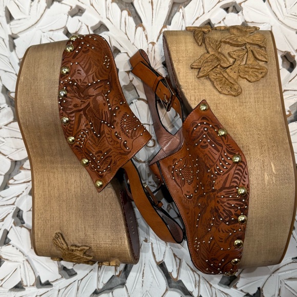 RED Valentino Shoes - Vintage studded Valentino RED carved wooden Platform mules size 7 38 leather